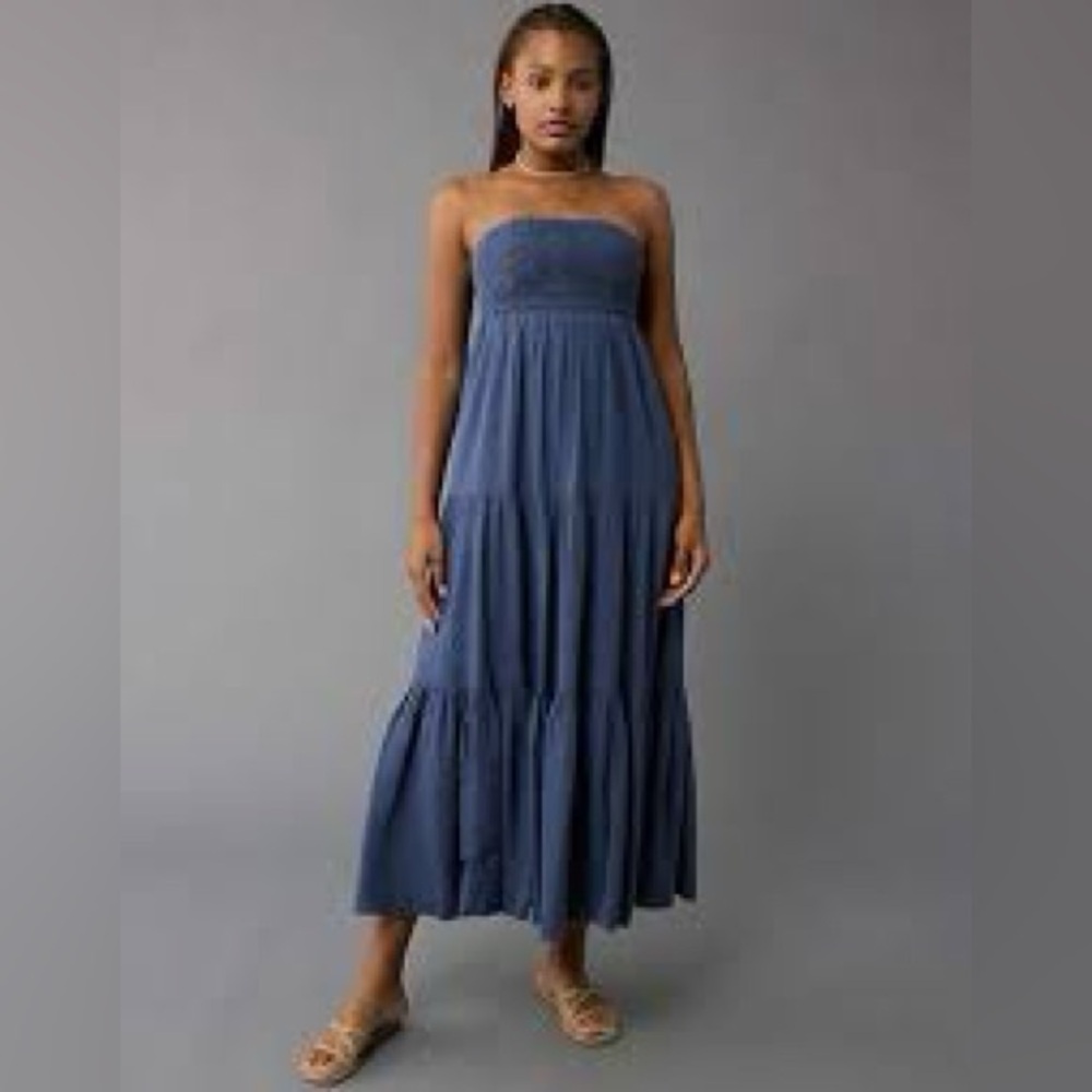American Eagle Outfitters Strapless Tiered Crochet Denim Blue Dress Size Large